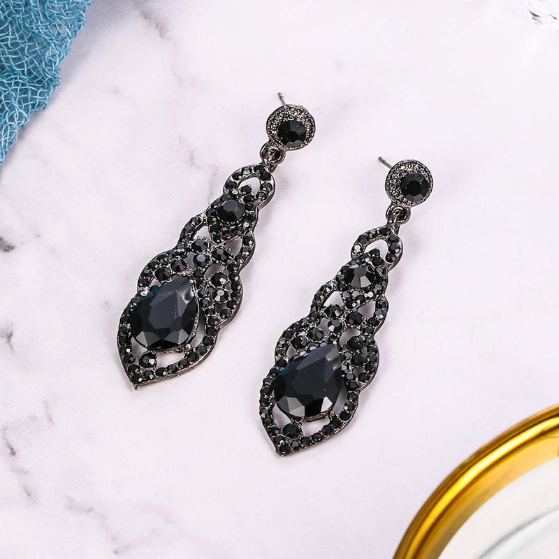 BriLove Wedding Bridal Dangle Earrings for Women Crystal Art Deco Teardrop Hollow Chandelier Jewelry Black Black-Silver-Tone - Image 4